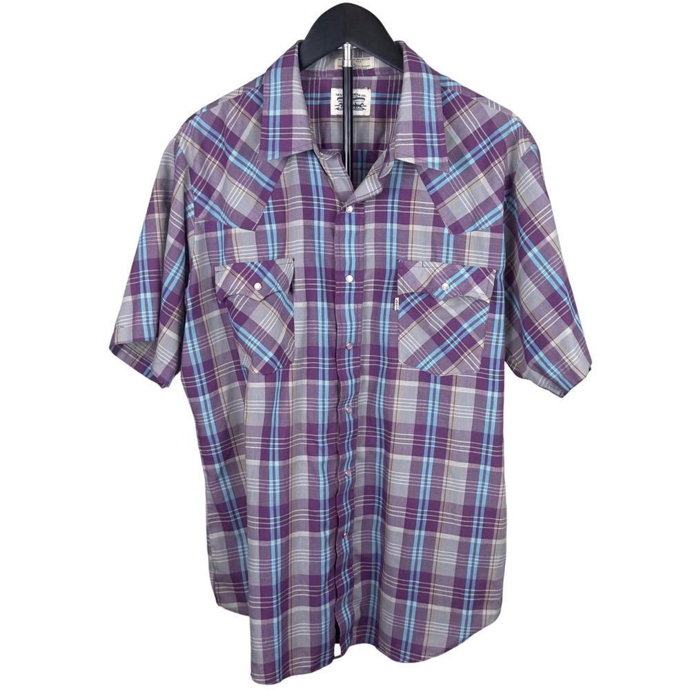 Levis Western Shirt Mens XL Purple Blue Plaid Pearl Snap Short Sleeve Vintage